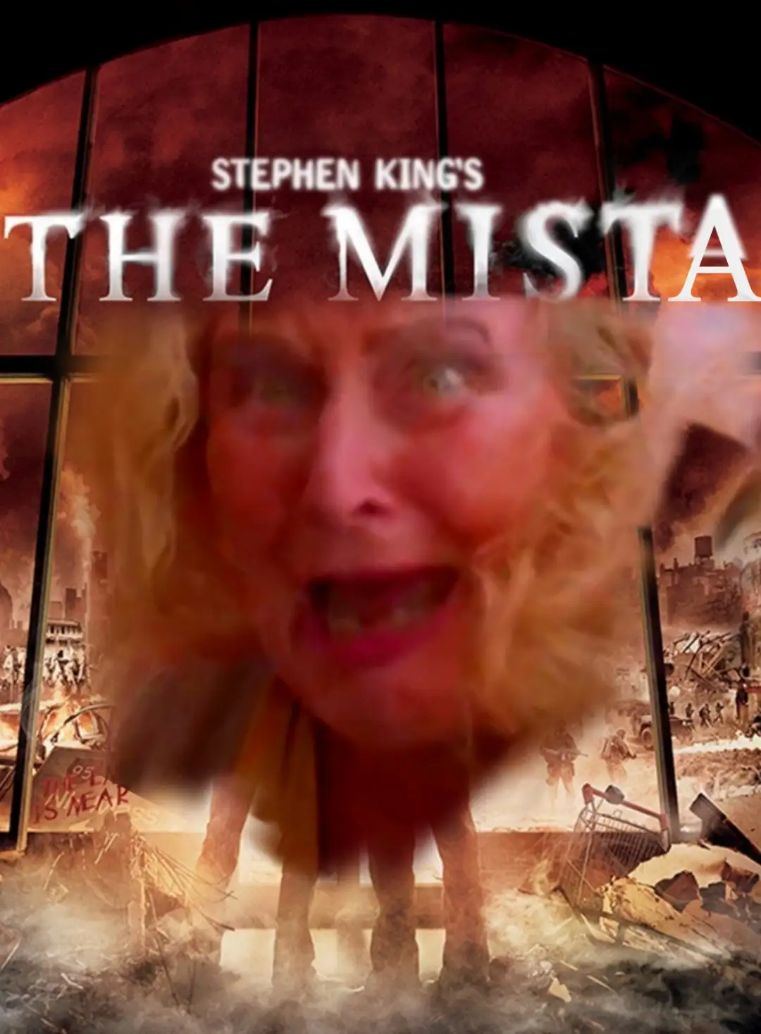 The image is a movie poster for Stephen King's 'The Mist,' featuring a large, distorted, screaming woman's face superimposed…