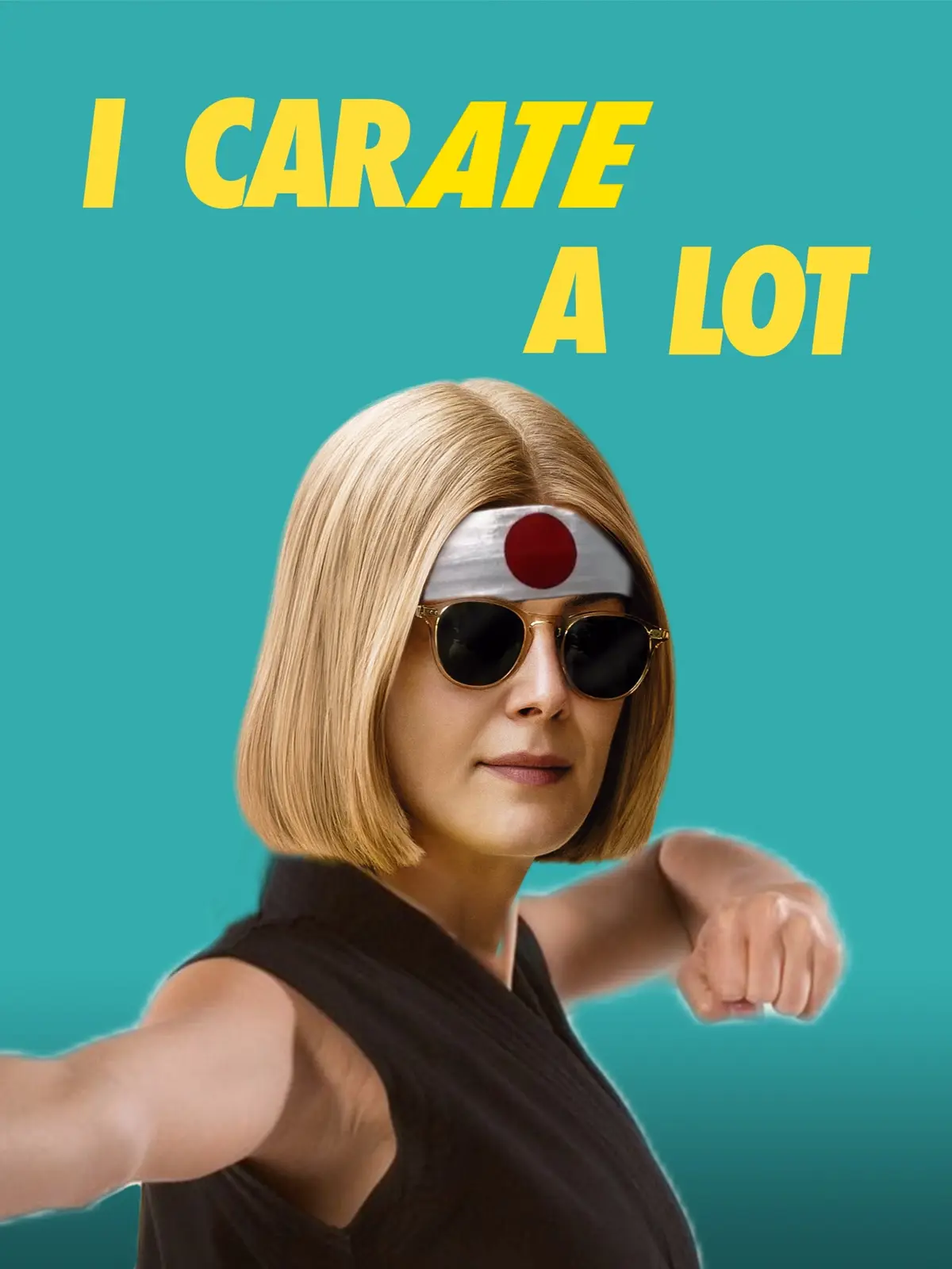 A woman with a blonde bob haircut, wearing sunglasses and a headband with the Japanese flag, strikes a karate pose against a…