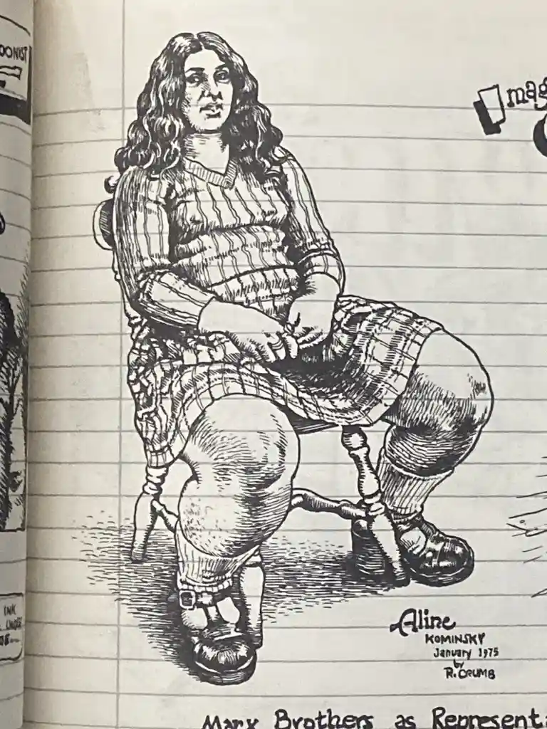 A black-and-white ink drawing by R. Crumb, dated January 1975, depicts a woman named Aline Kominsky sitting on a chair. She…