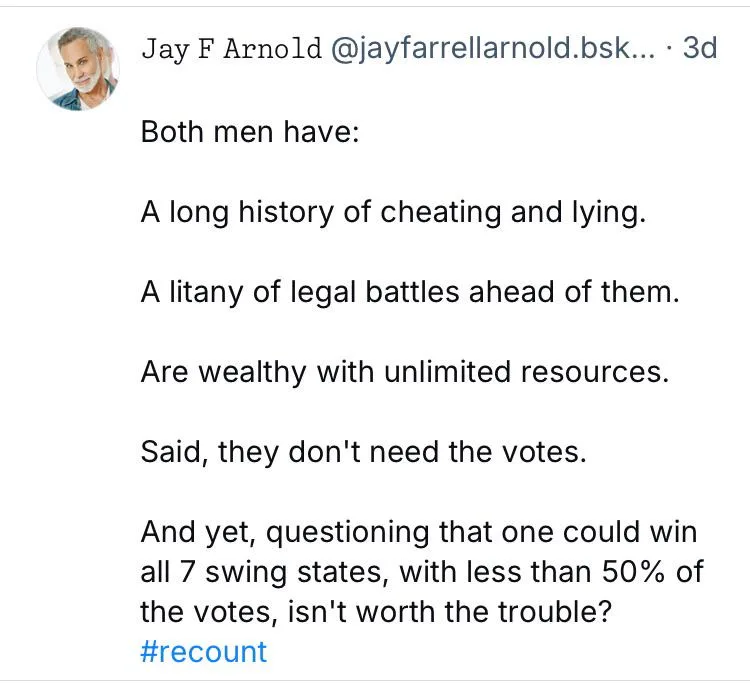 A screenshot of a tweet by Jay F Arnold listing shared negative traits of two political figures, including cheating, legal…