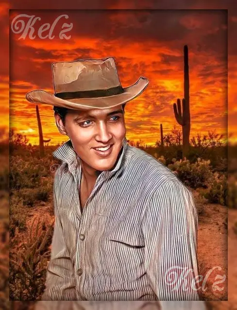 A digitally altered image shows Elvis Presley wearing a cowboy hat and a striped button-up shirt, standing in a desert…