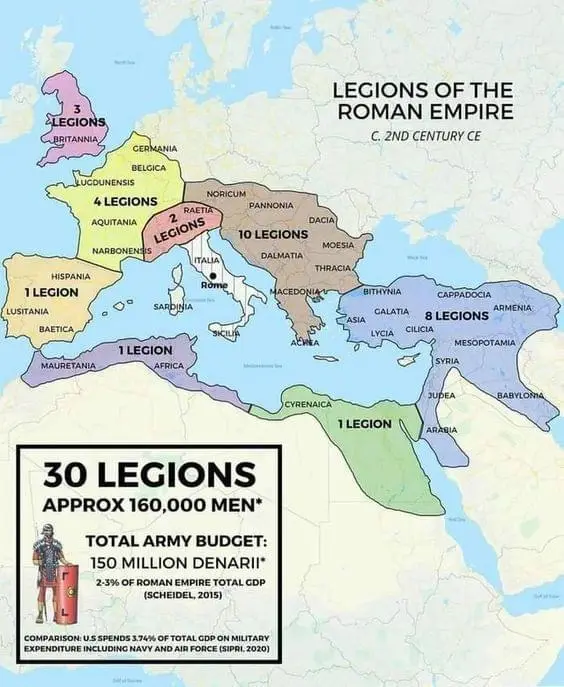 A historical map titled 'LEGIONS OF THE ROMAN EMPIRE C. 2ND CENTURY CE' shows the empire's territories color-coded by legion…