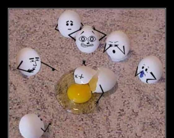 Several white eggs with hand-drawn cartoon faces and limbs are gathered around a cracked egg with a yolk and broken shell on…