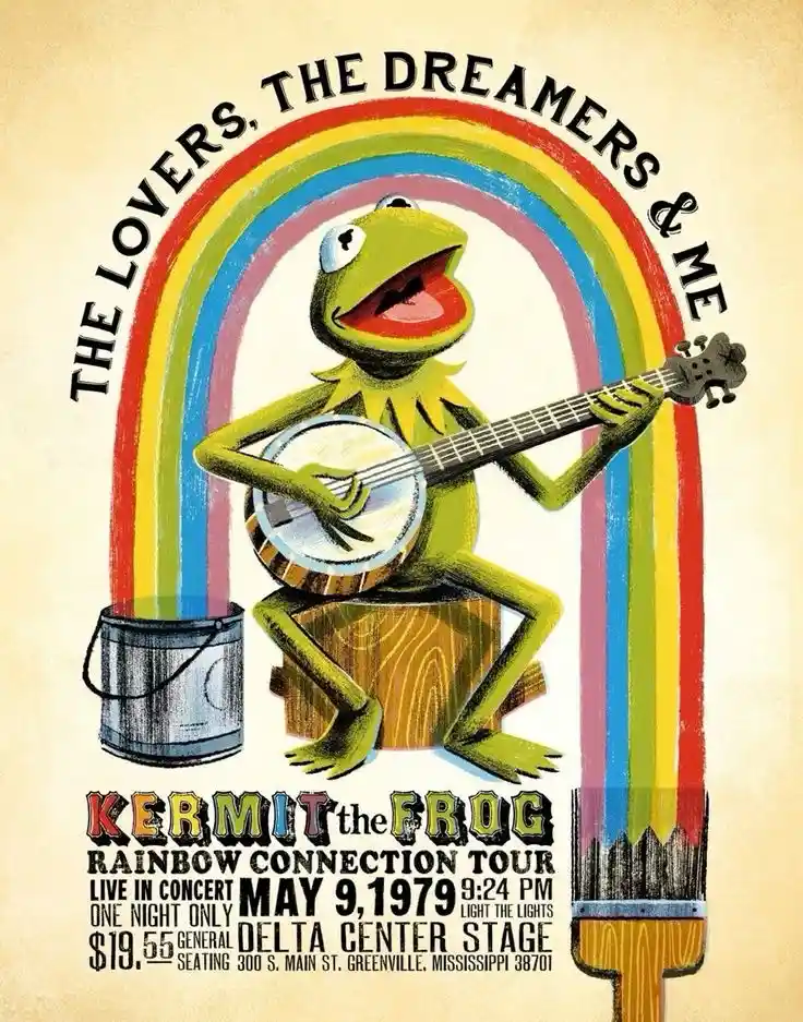 A vintage-style concert poster features Kermit the Frog playing a banjo while sitting on a wooden stump under a large…