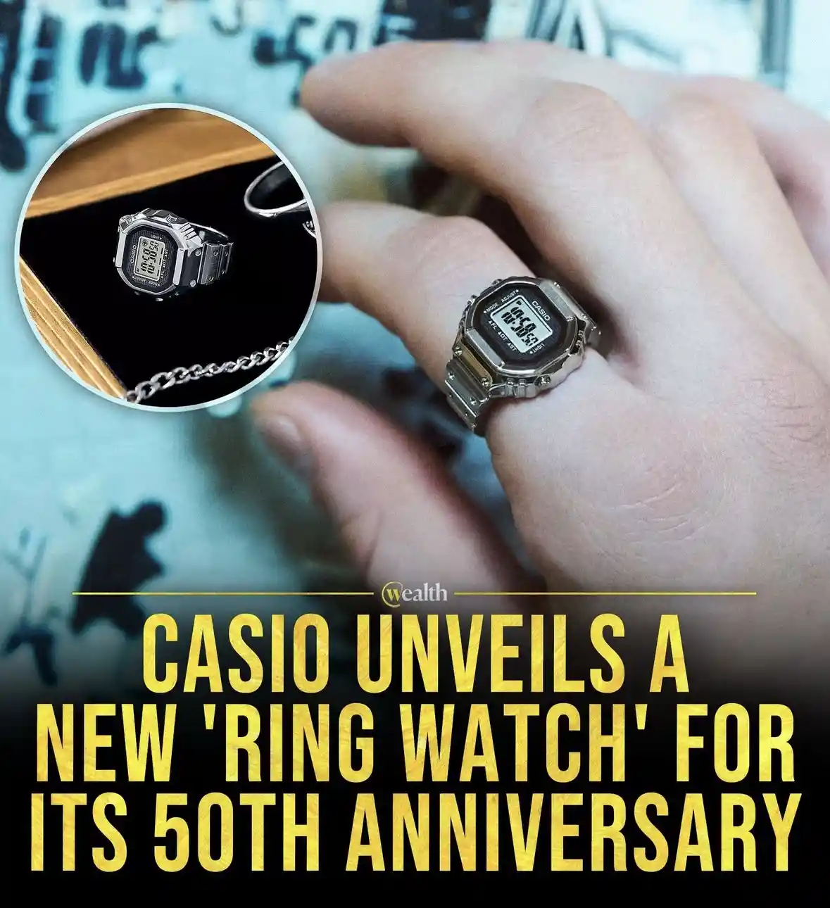 A hand wears a silver digital Casio watch on its ring finger, with a circular inset showing the same watch displayed on a…