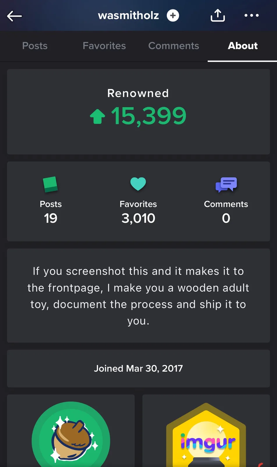 An Imgur user profile page for 'wasmitholz' shows 'Renowned' with 15,399 upvotes, 19 posts, 3,010 favorites, and 0 comments…