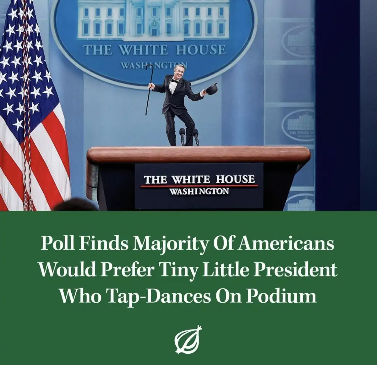 A digitally altered image shows a small man in a tuxedo, holding a cane and top hat, tap-dancing on a White House podium. An…