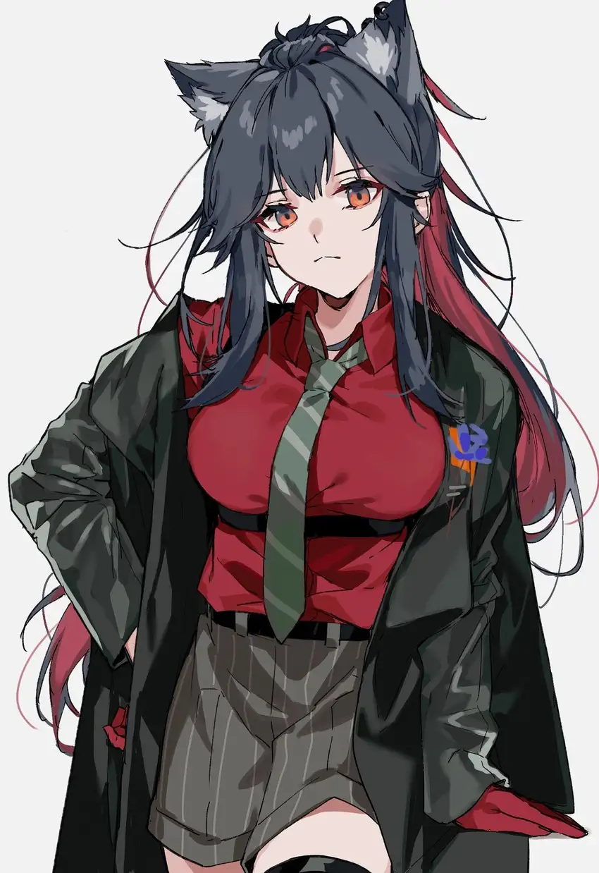 An anime-style illustration of a young woman with dark grey hair, wolf ears, and orange eyes, wearing a red shirt, green…