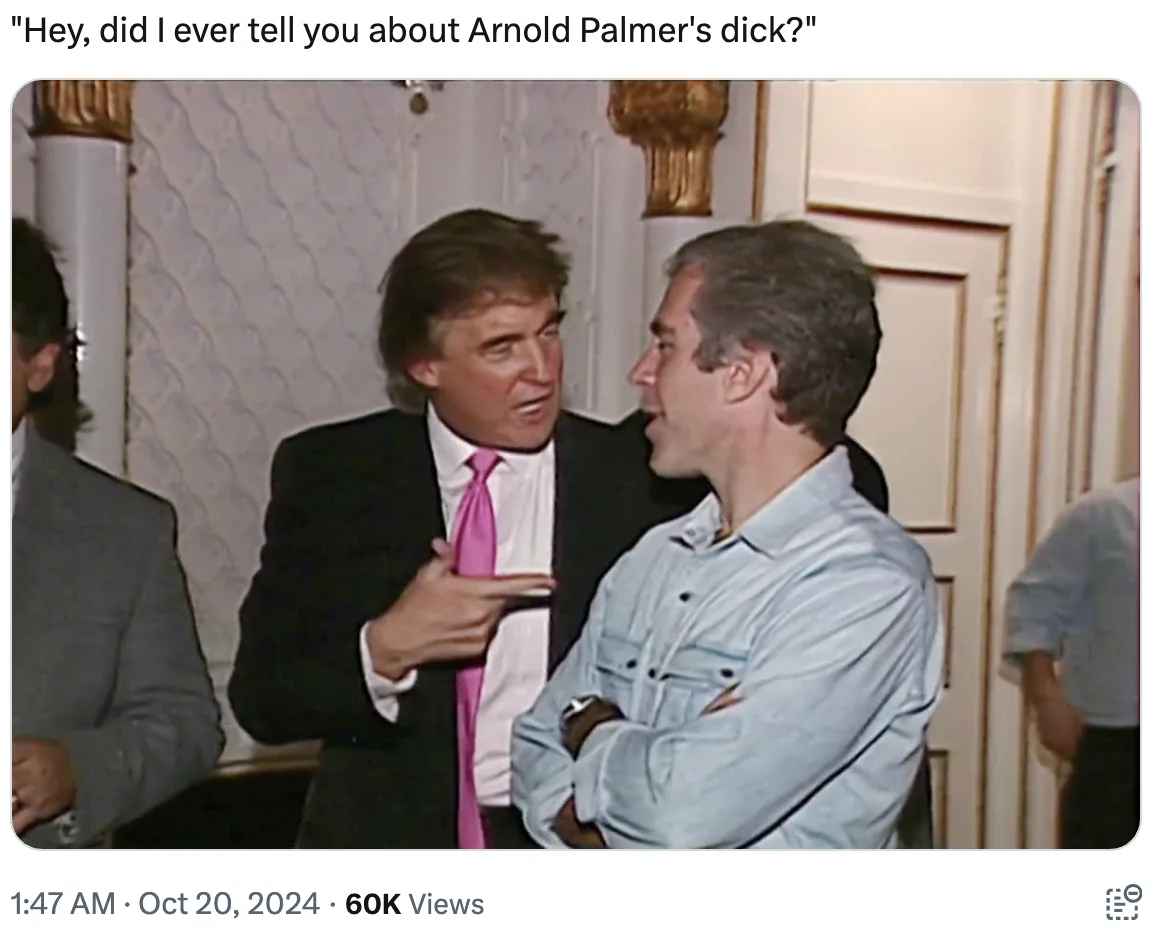A still image shows Donald Trump in a black suit and pink tie gesturing toward another man in a light blue shirt while…
