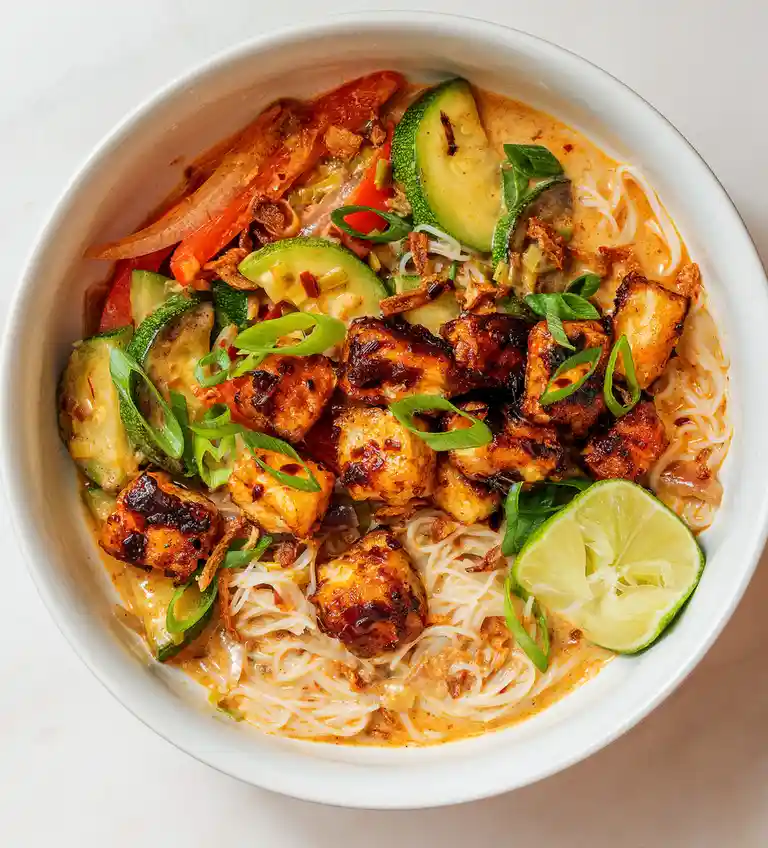 A top-down photo of a white bowl filled with creamy, orange-colored curry noodle soup. The dish contains white rice noodles…