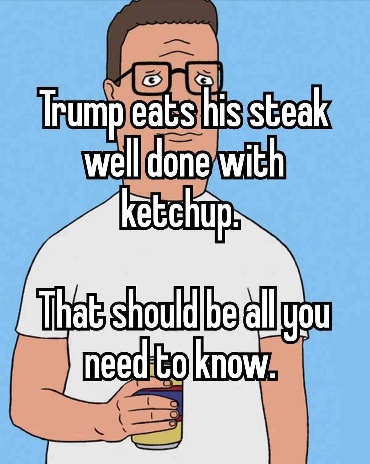 The image shows a cartoon man with glasses and a white t-shirt holding a drink can, set against a solid blue background…