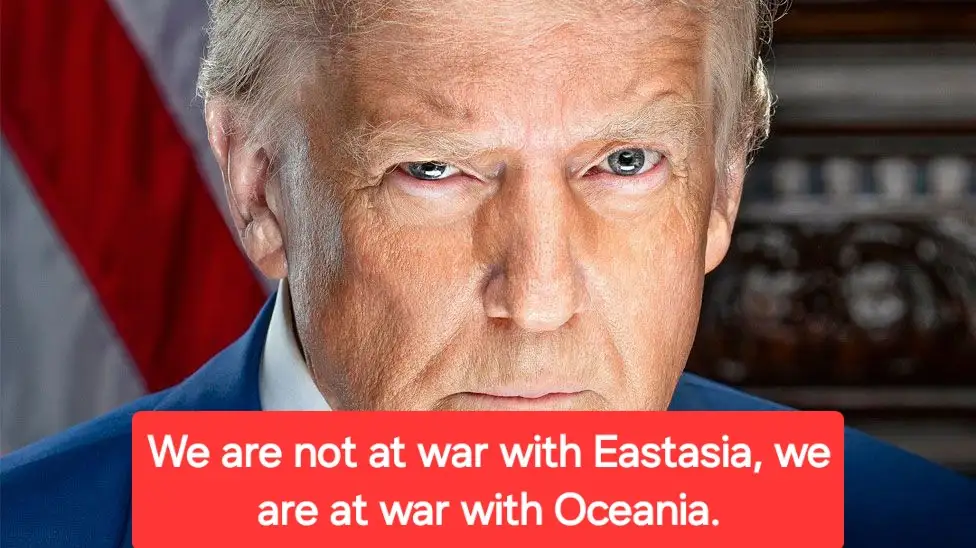 A close-up image of Donald Trump with a stern, intense facial expression, looking directly at the viewer. He is wearing a…