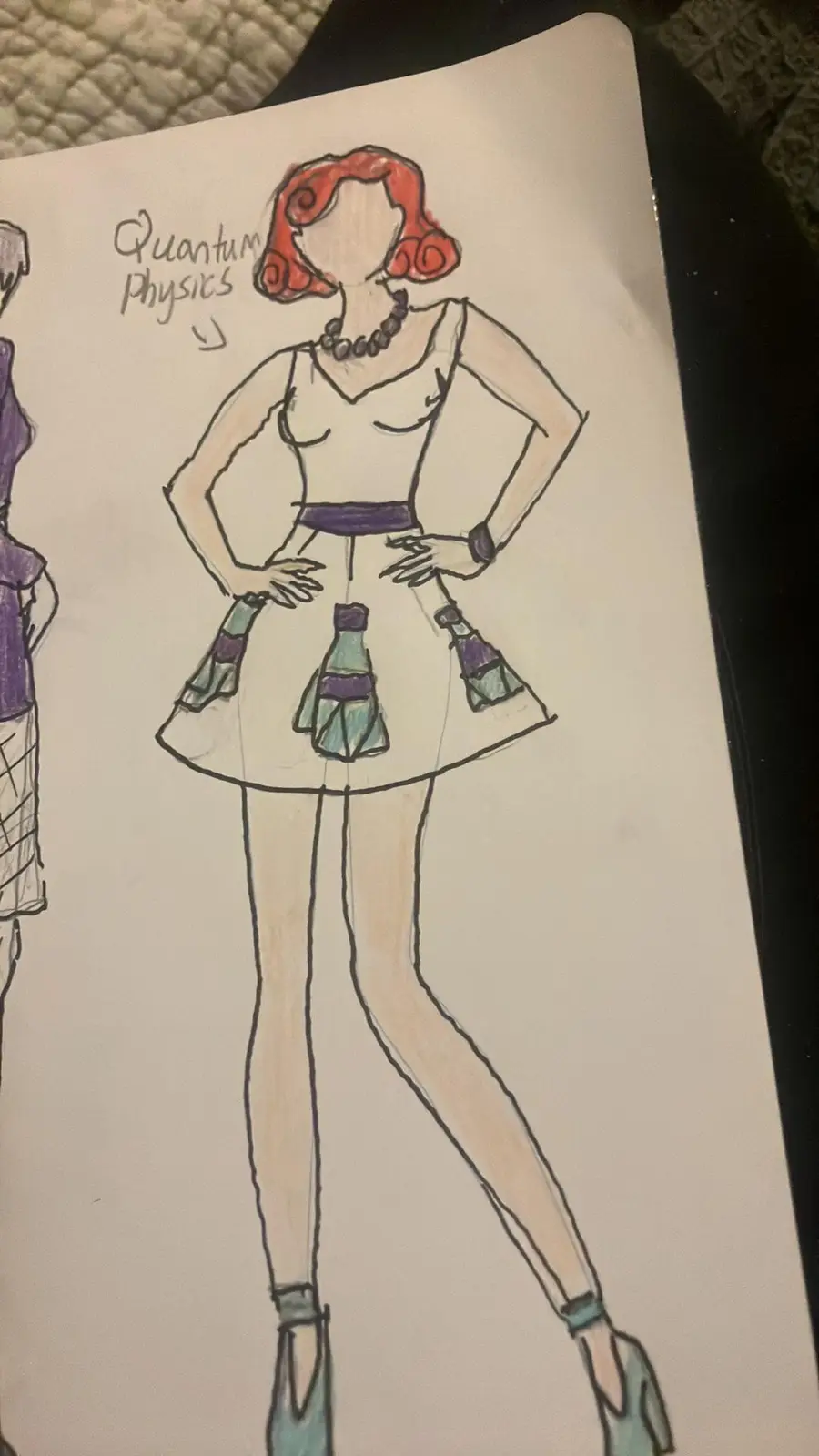 A hand-drawn fashion sketch of a woman with red curly hair, wearing a white dress with purple accents and teal boots, with…