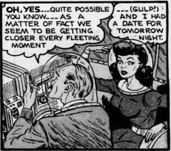 A black-and-white comic panel shows a man in a cockpit looking at controls while a woman in a space suit leans toward him…