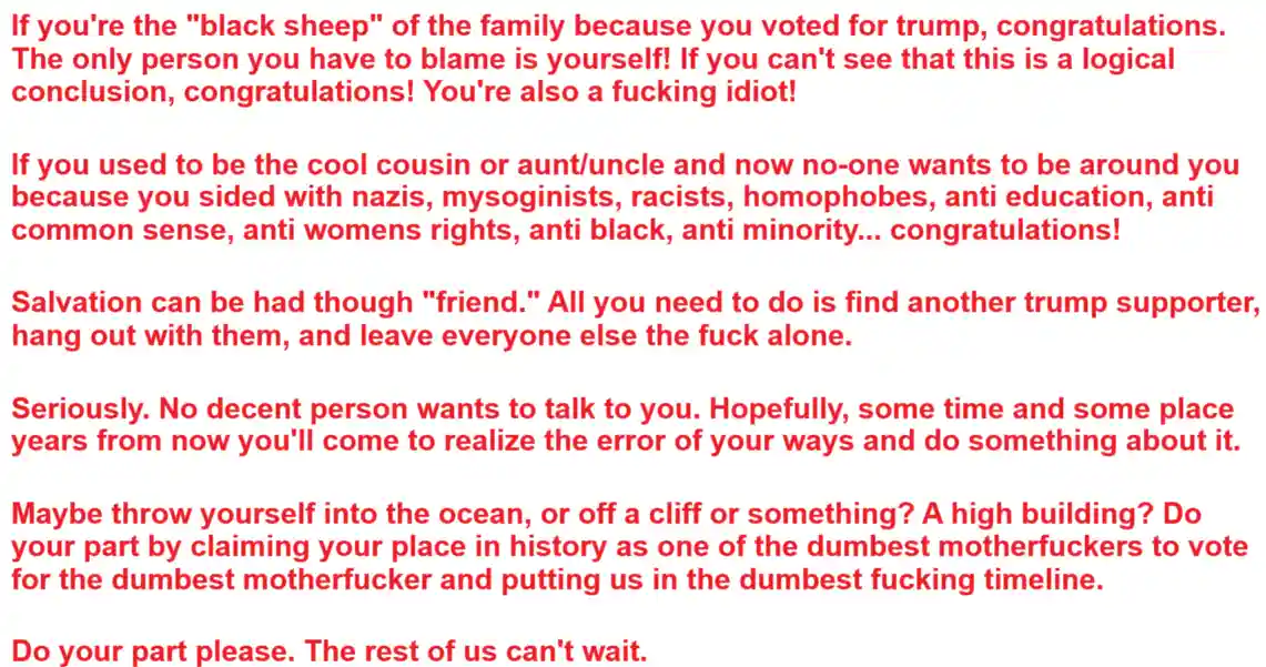 A plain white background with multiple paragraphs of red text. The text is a hostile, sarcastic rant directed at Trump…