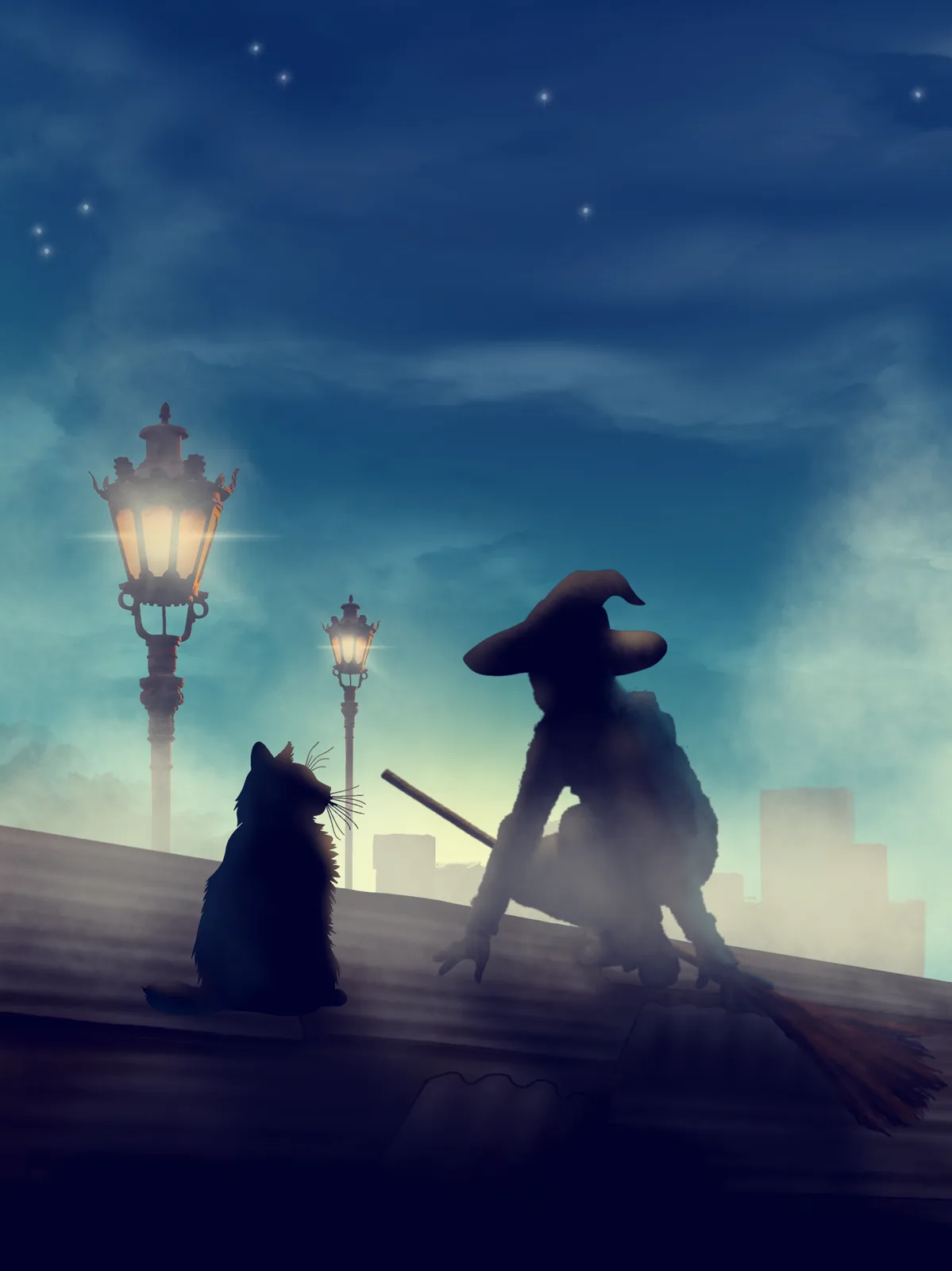 A silhouette of a witch on a broomstick sits beside a cat on a rooftop at night, under a starry sky with glowing…