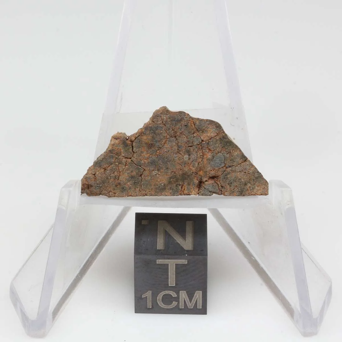 A small, irregularly shaped, rust-colored rock fragment is displayed on a clear acrylic stand against a plain white…