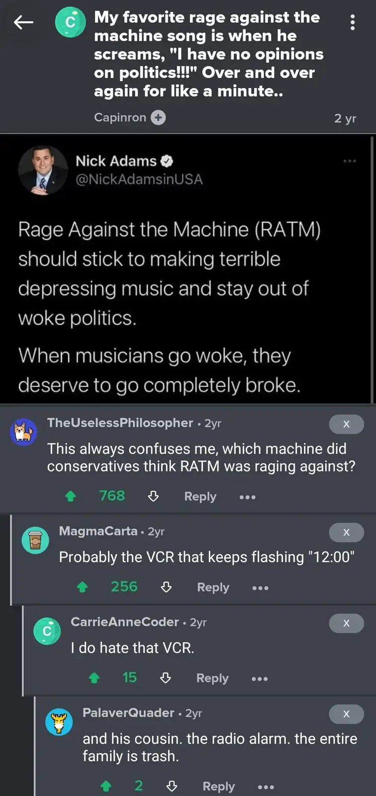 A screenshot of a Twitter thread where user Capinron posts a comment about enjoying a Rage Against the Machine song for its…