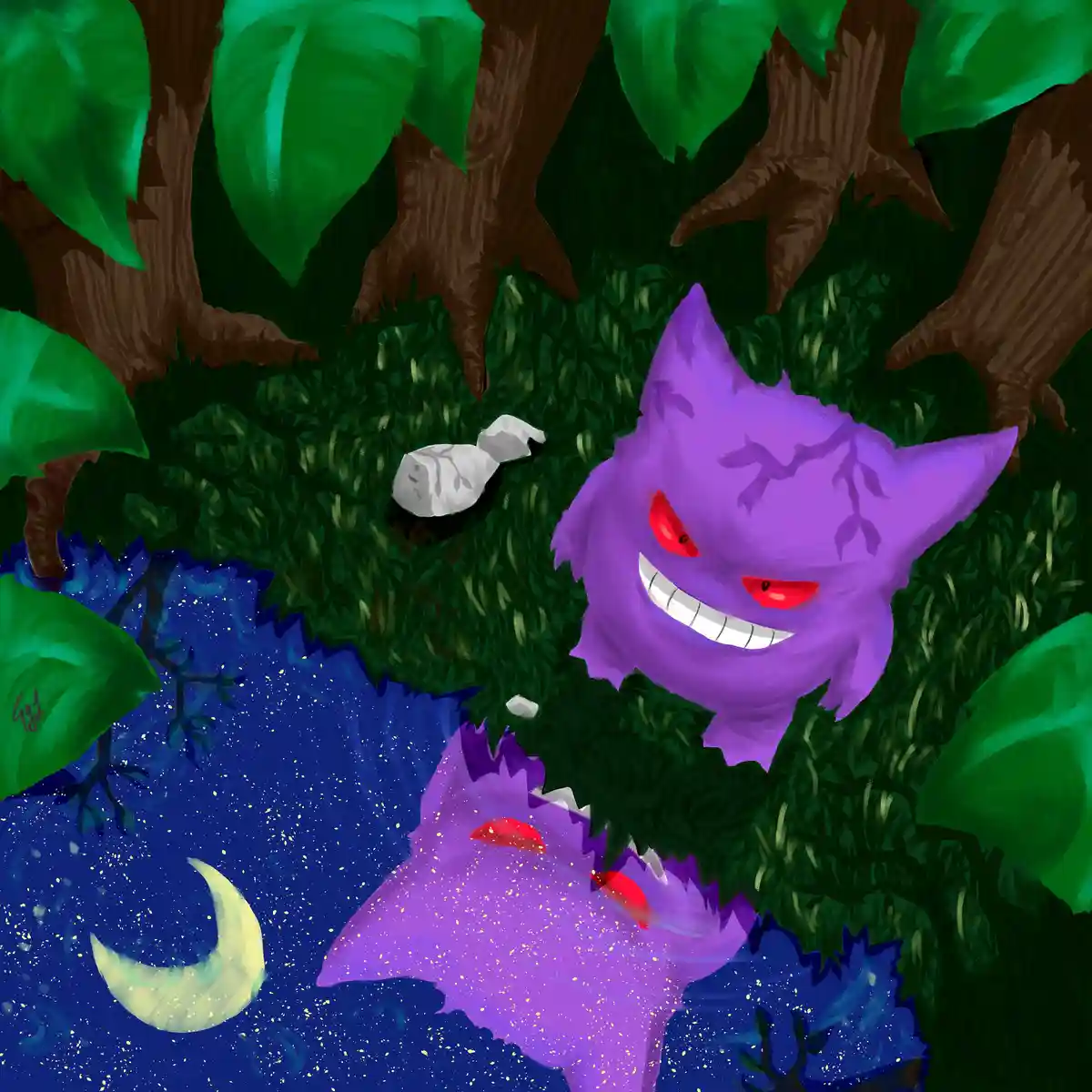 A purple ghost Pokémon, Gengar, is depicted in a dark, leafy forest at night, looking down at a small white object on the…