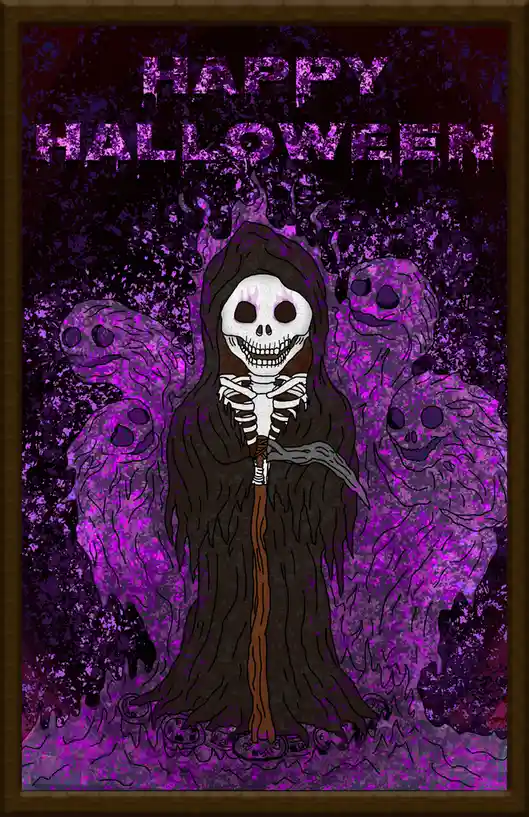 A cartoonish grim reaper with a wide grin, wearing a dark hooded robe and holding a scythe, stands in a purple-hued, spooky…