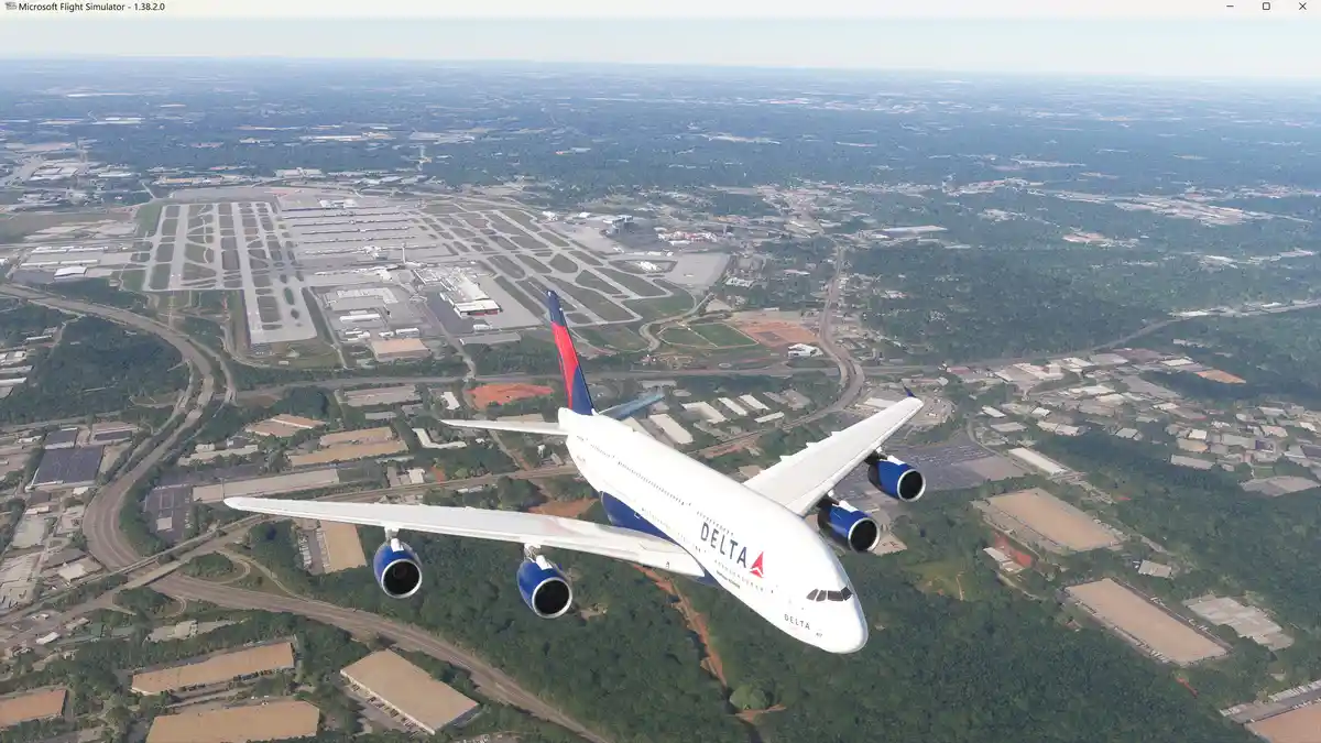 A screenshot from Microsoft Flight Simulator shows a Delta Air Lines Airbus A380 flying low over an airport and surrounding…
