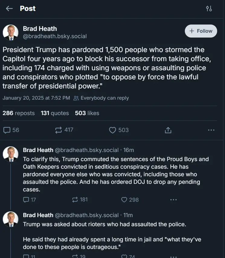 A screenshot of three consecutive posts by Brad Heath on the social media platform Bluesky, detailing claims about former…