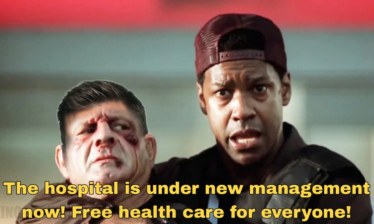 A man with a bloody face is being held by another man wearing a backward cap, both looking shocked. Yellow text overlaid at…