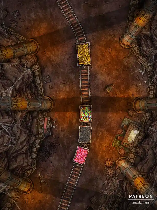 An overhead view of a dungeon mine with a train of four ore carts on a track, filled with gold, gems, coal, and pink gems…