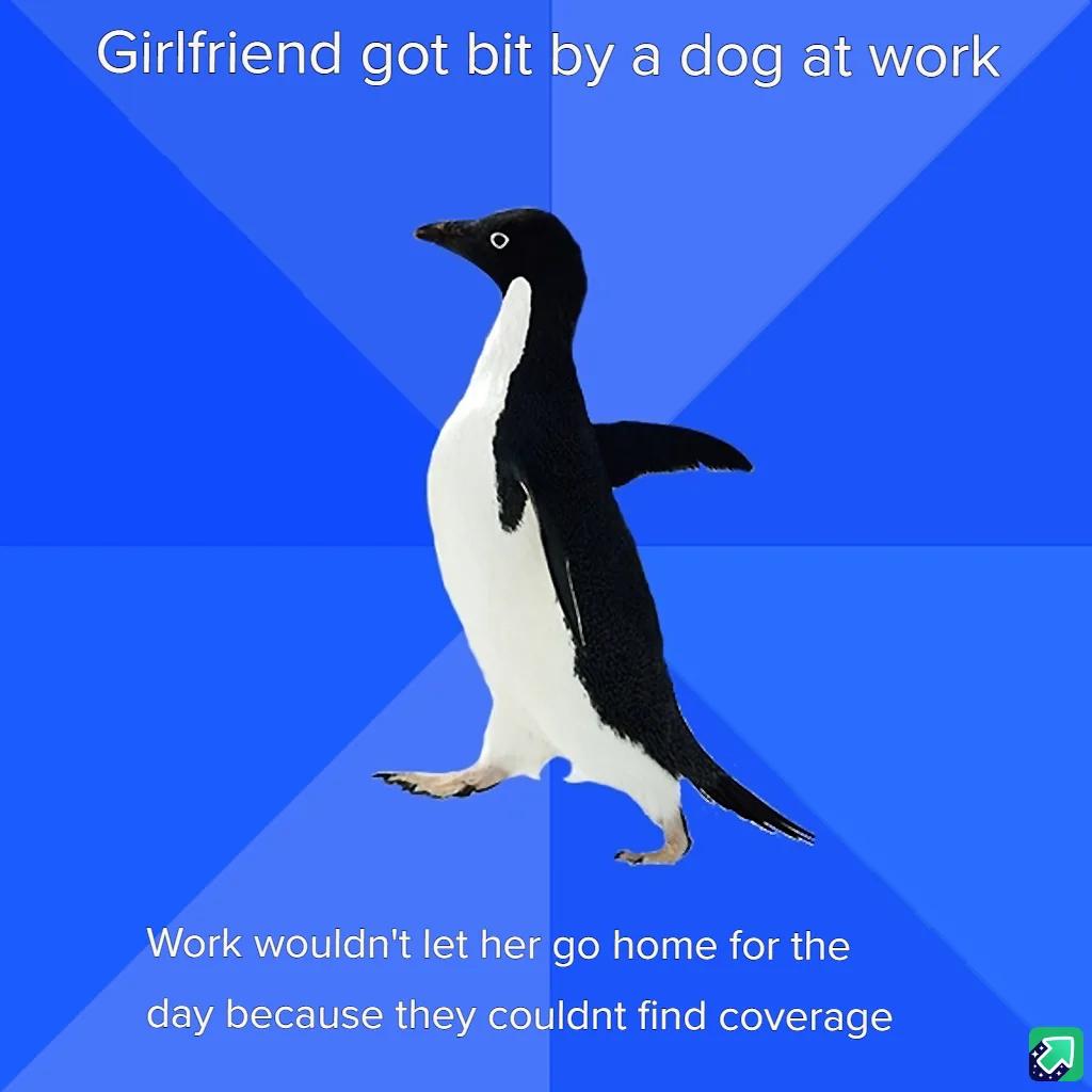 A black-and-white penguin stands against a blue geometric background, with white text at the top stating 'Girlfriend got bit…