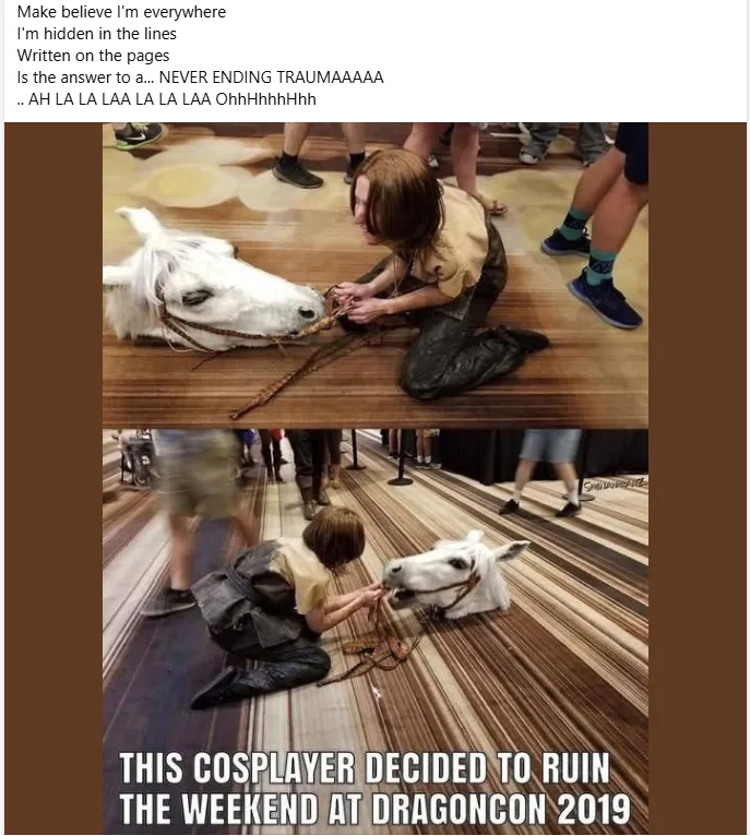 Two photos show a cosplayer kneeling beside a white horse head prop on a wooden floor. In the top image, the cosplayer is…