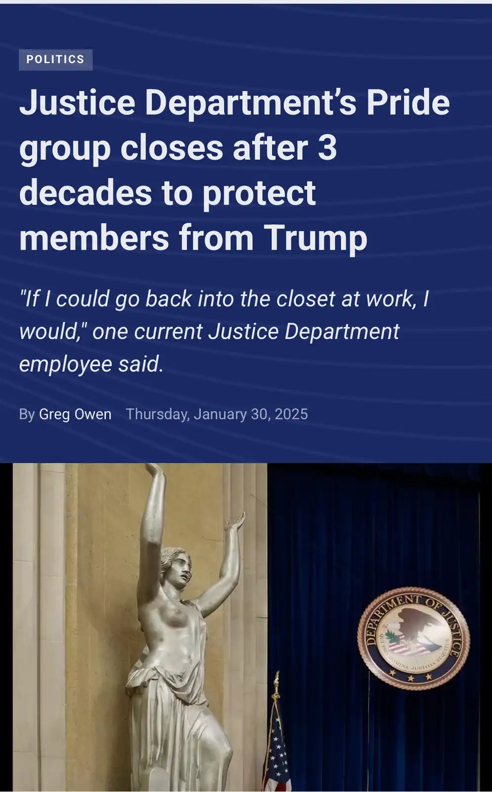 The image displays a fake news article headline about the Justice Department's Pride group closing to protect members from…