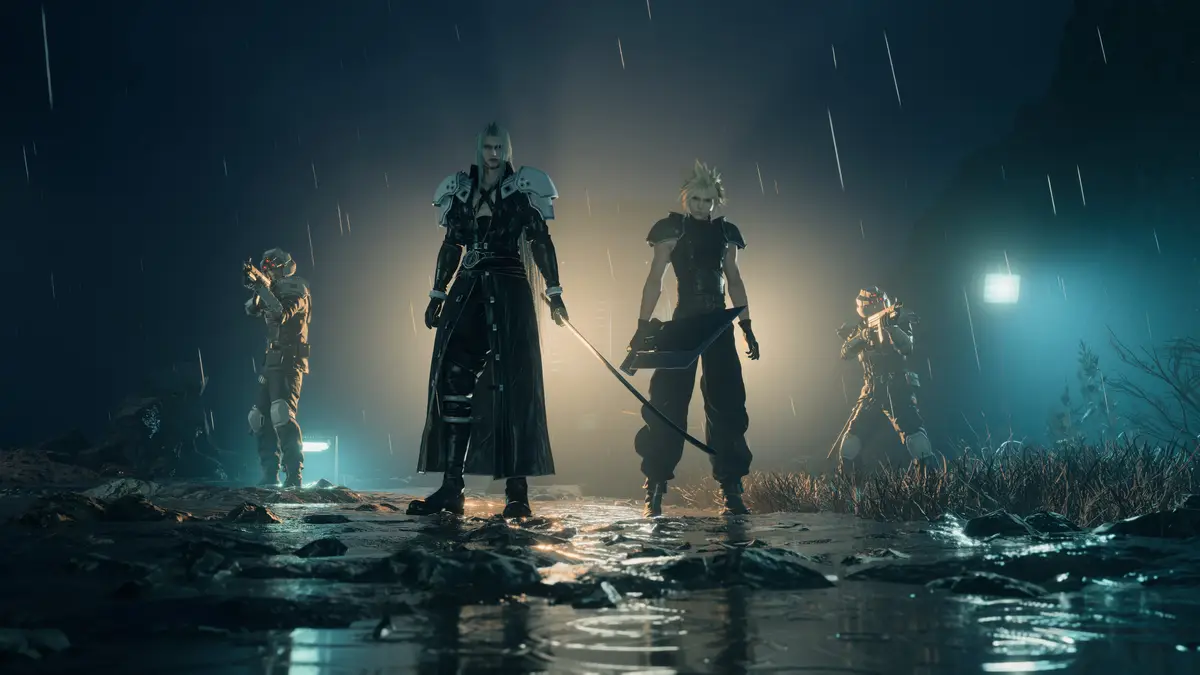 In a rainy, atmospheric scene from Final Fantasy VII Remake, three characters stand in the foreground: a tall figure in a…