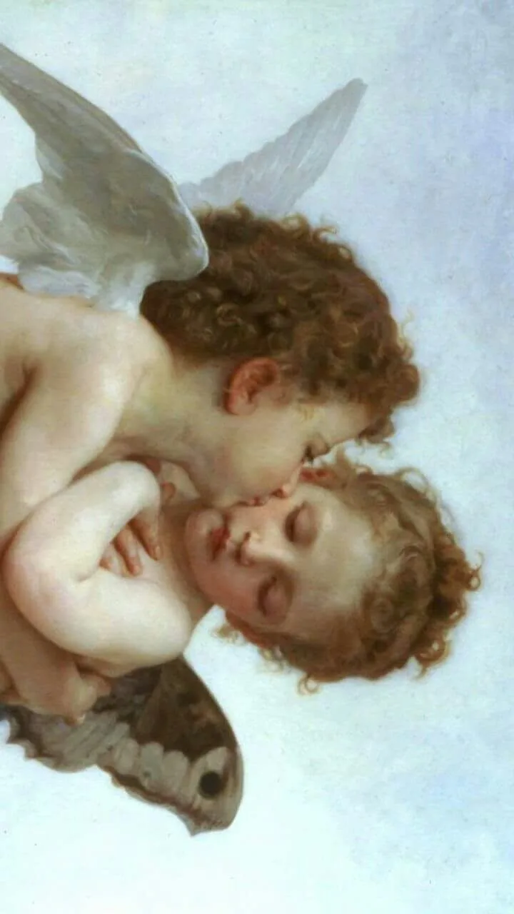 A classical painting depicts two cherubic angels with curly hair and wings, one kissing the other on the cheek. The angel…