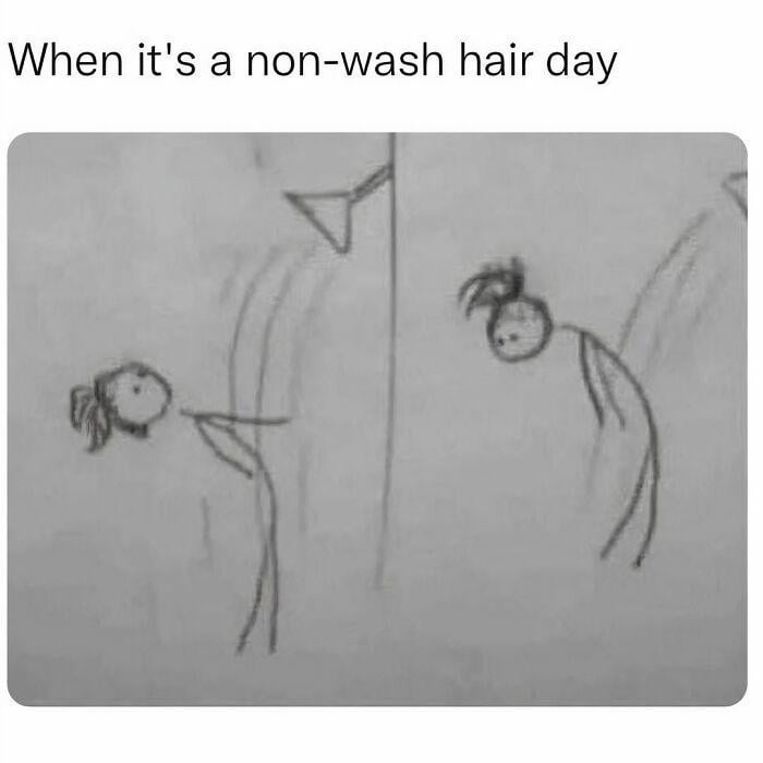 A simple black-and-white stick figure drawing shows two figures standing side by side under a showerhead, both with messy…