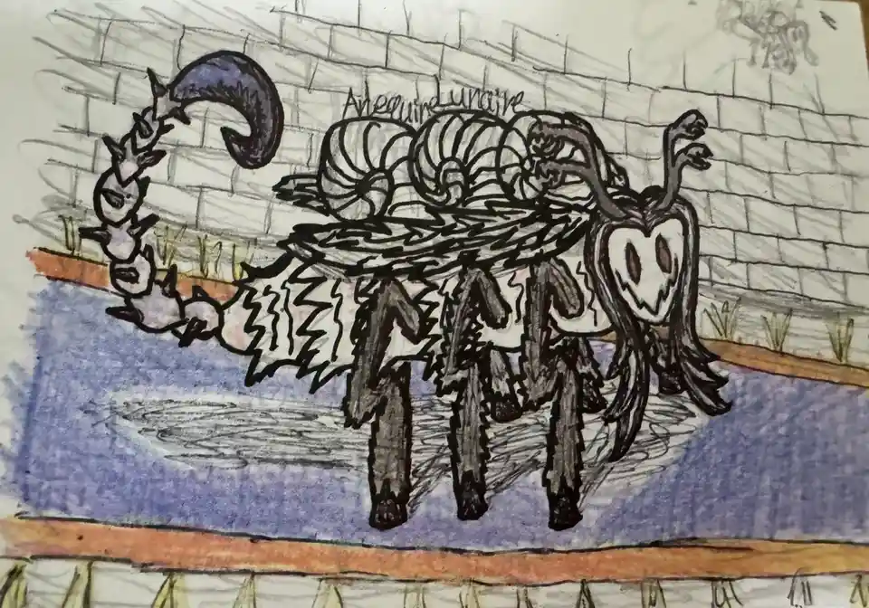 A hand-drawn, black-and-white ink sketch depicts a large, monstrous creature with multiple limbs, a pumpkin-like head with a…