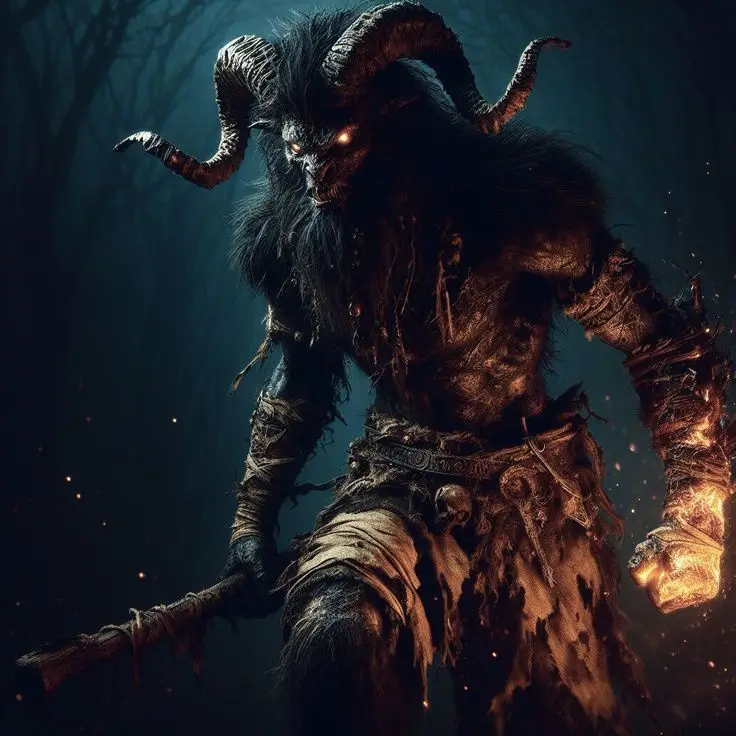 A dark, menacing demon with large curved horns, glowing red eyes, and a furry, muscular body stands in a shadowy forest. It…
