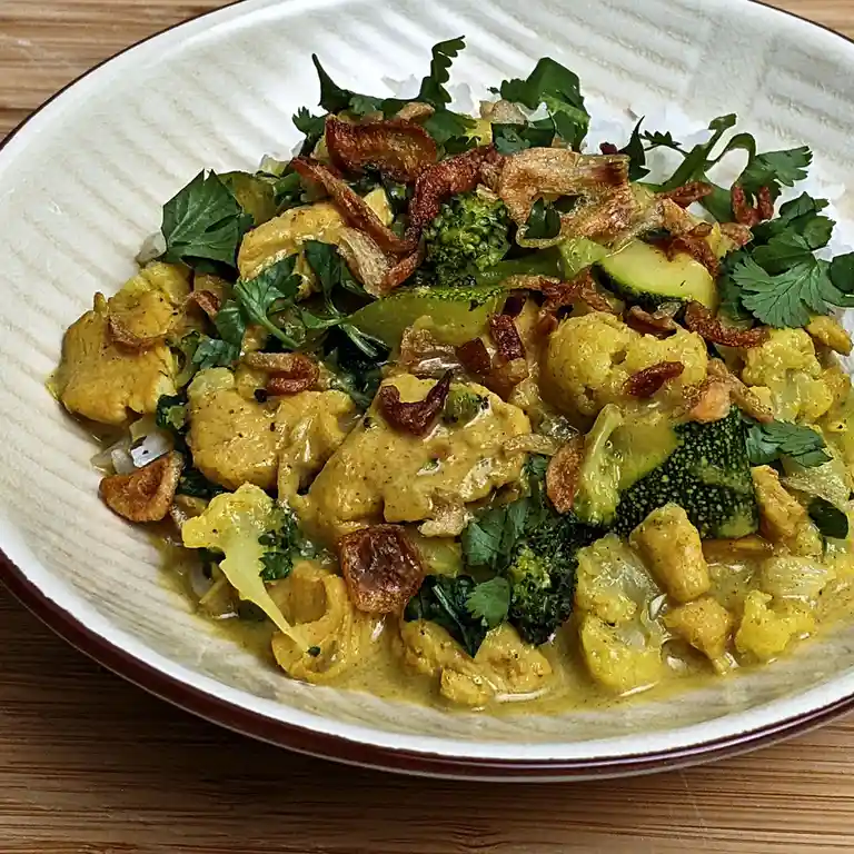 A close-up photo of a creamy yellow curry in a white bowl with a brown rim, served over rice and topped with broccoli…