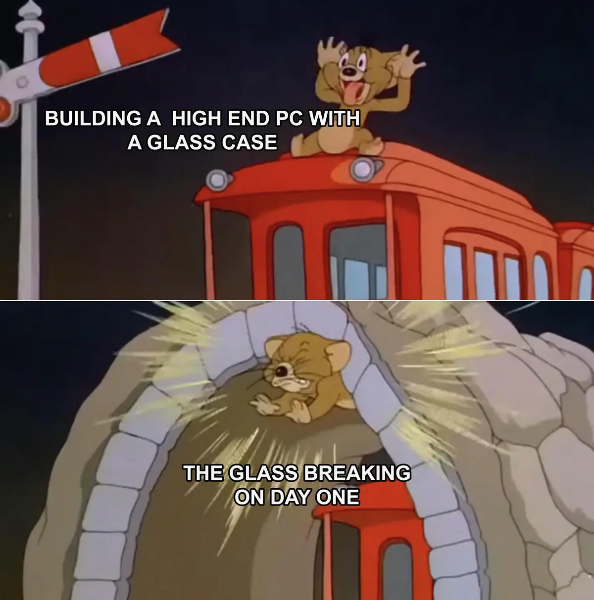 The top panel shows Tom from Tom and Jerry sitting triumphantly on a red train at night, with text saying 'BUILDING A HIGH…