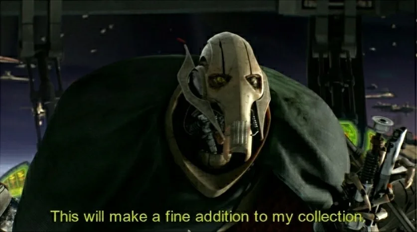 A close-up of the character General Grievous from Star Wars, wearing his signature mechanical mask and dark cape, with a…