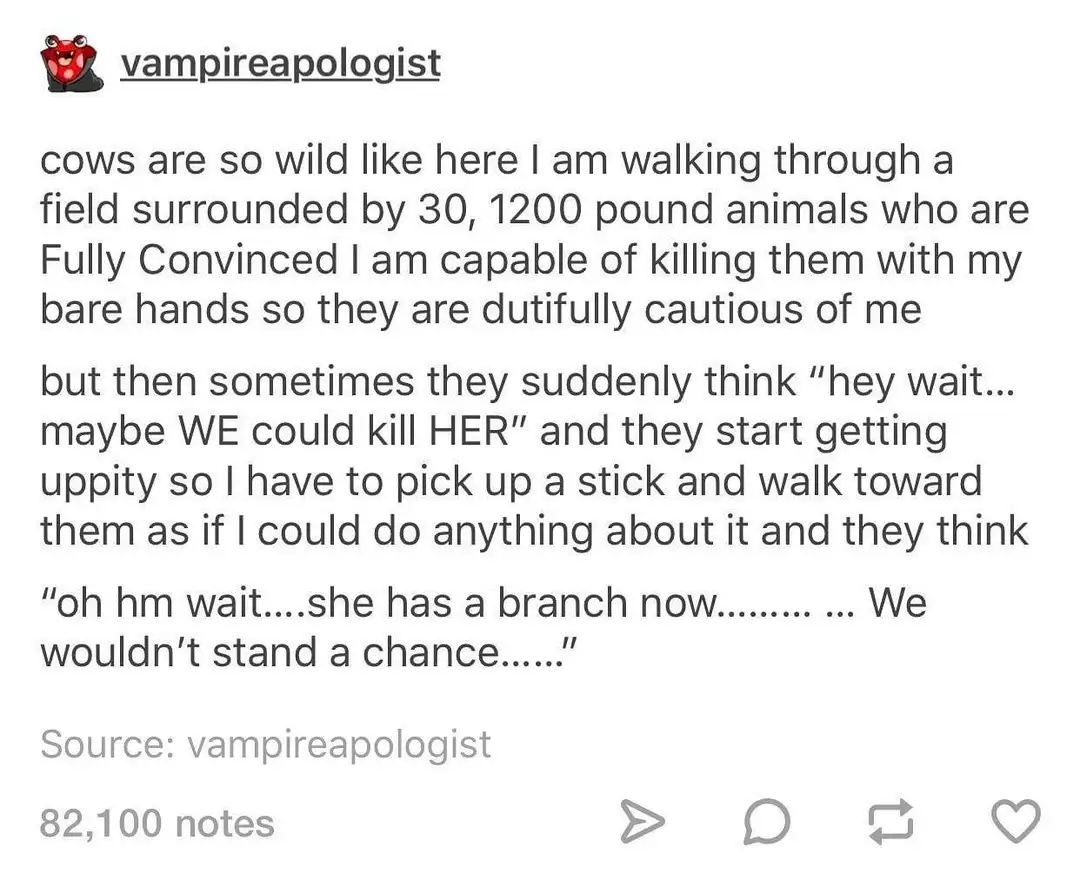 The image displays a text post from a user named 'vampireapologist' on a social media platform, featuring a humorous…