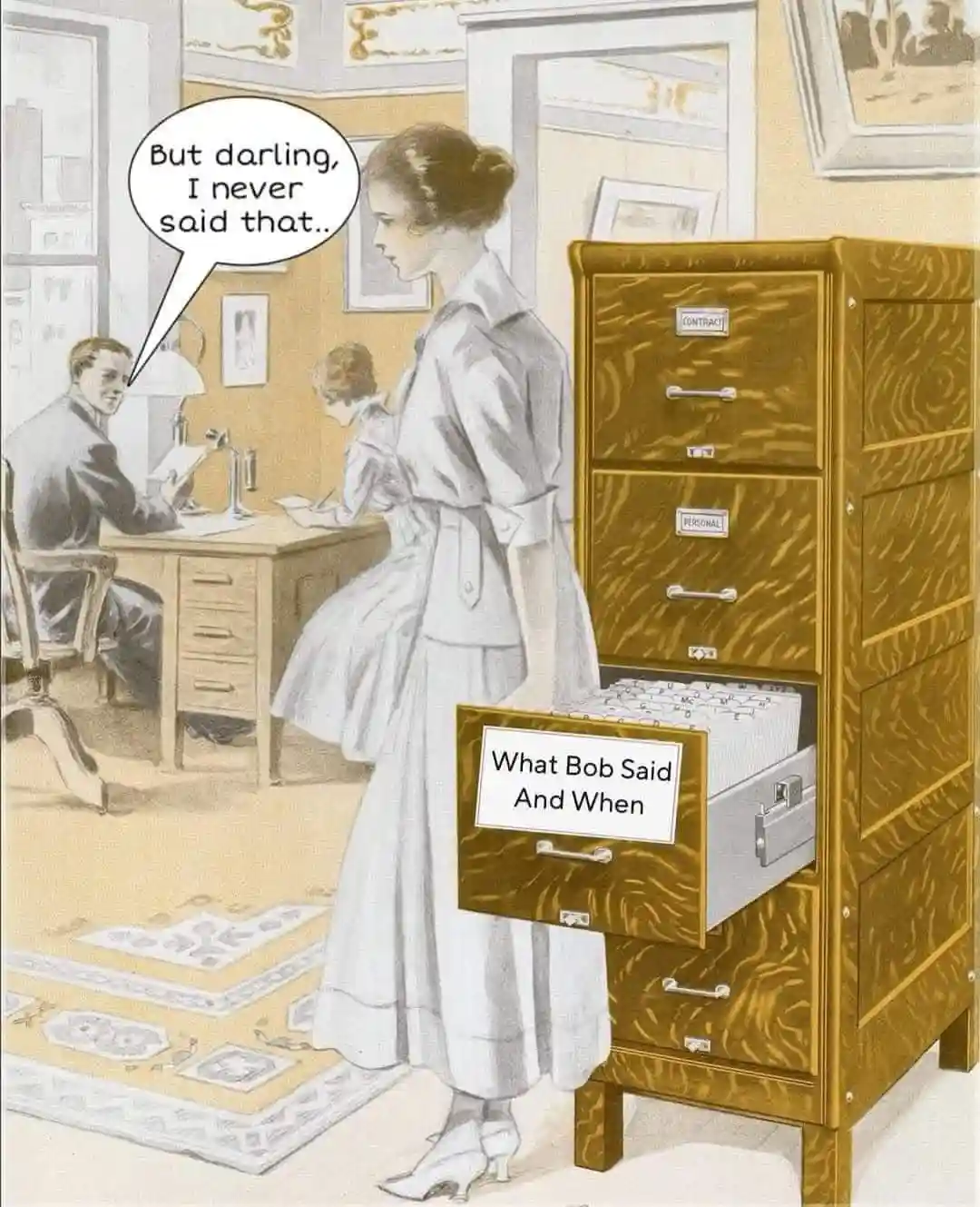 A vintage-style illustration shows a woman in a white dress standing beside a large wooden filing cabinet with one drawer…