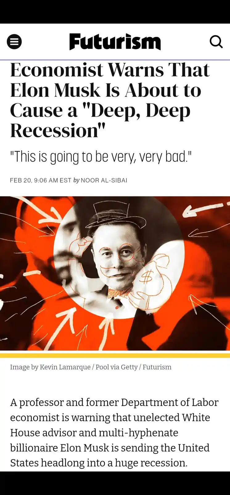 A screenshot of a Futurism article with a headline stating an economist warns Elon Musk will cause a 'deep, deep recession,'…