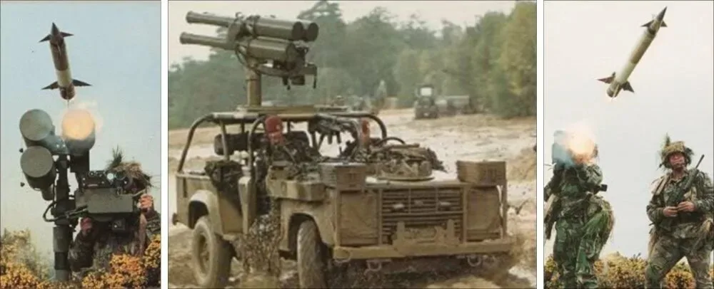 Three-panel image showing military missile launchers: left, a soldier operating a portable launcher firing a missile…