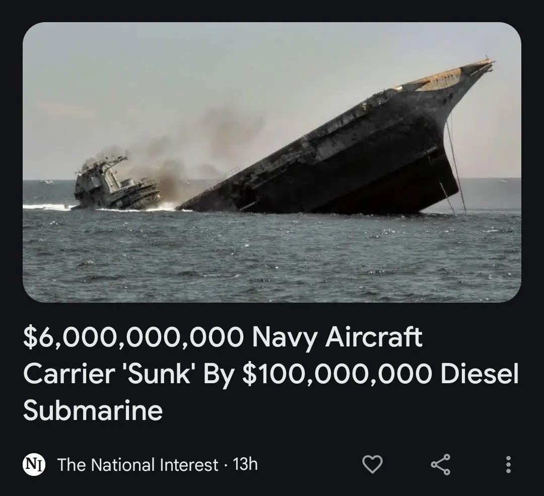 A large, heavily damaged aircraft carrier is shown capsizing in the ocean, with smoke rising from its structure. The…