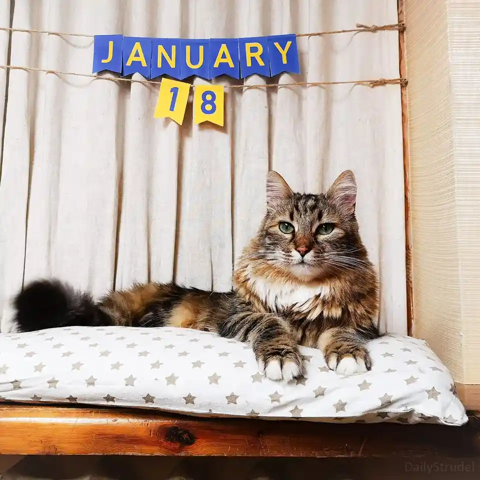 A fluffy tabby cat with green eyes sits regally on a white pillow with gold stars, looking directly at the camera. Behind…