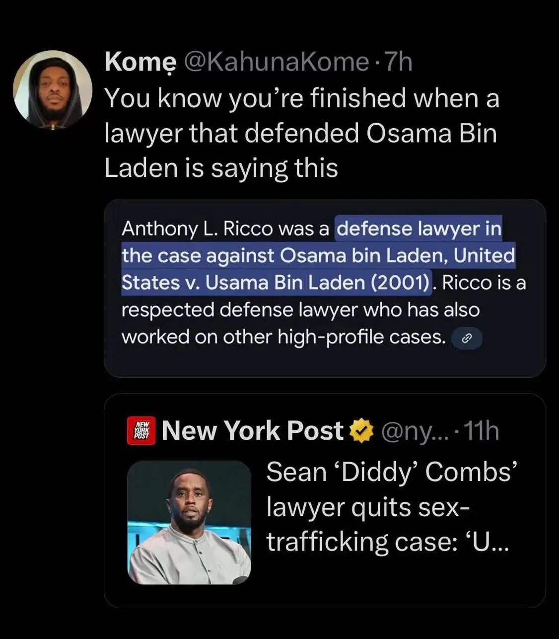 A screenshot of a Twitter thread shows a user named Kome quoting a text about Anthony L. Ricco, a defense lawyer in the 2001…