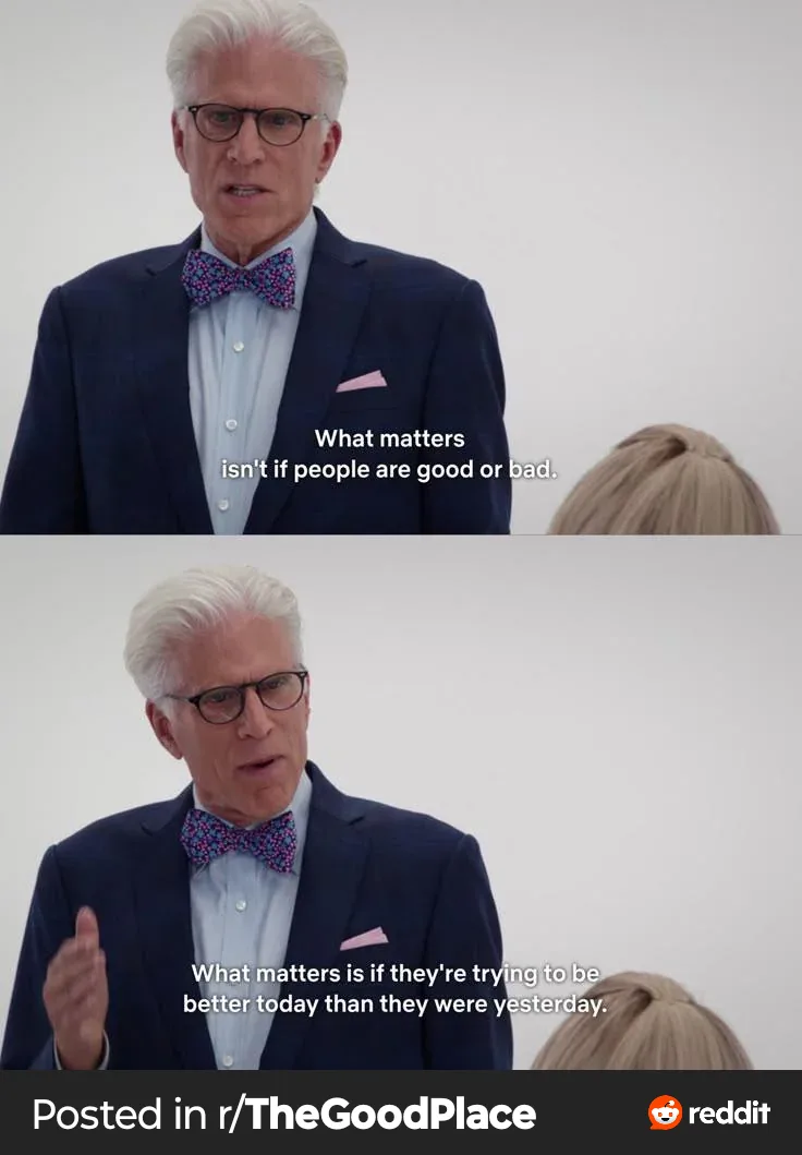 A two-panel meme featuring the character of the Judge from The Good Place, portrayed by Ted Danson, speaking in a minimalist…