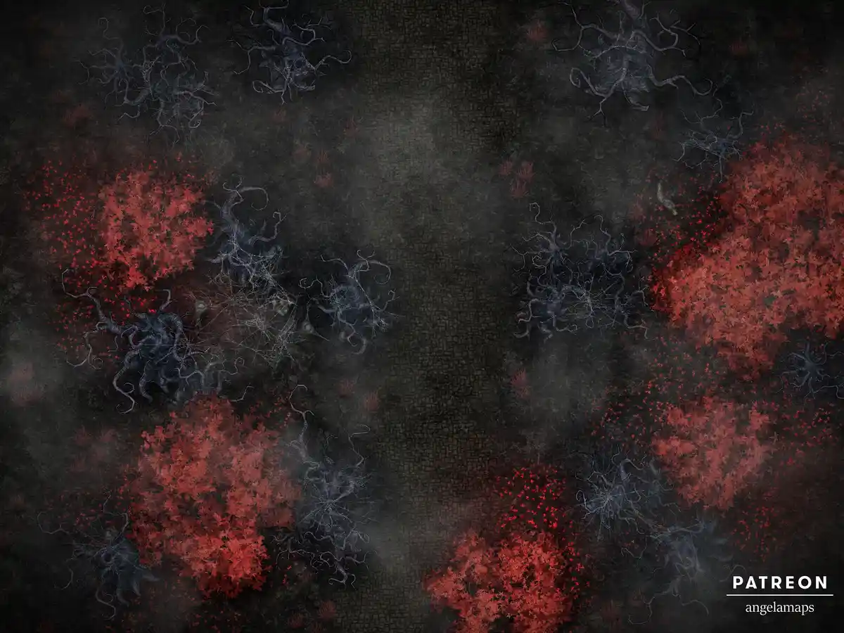 A dark, top-down fantasy map shows clusters of twisted, gnarled trees with red foliage against a grimy, textured ground. The…