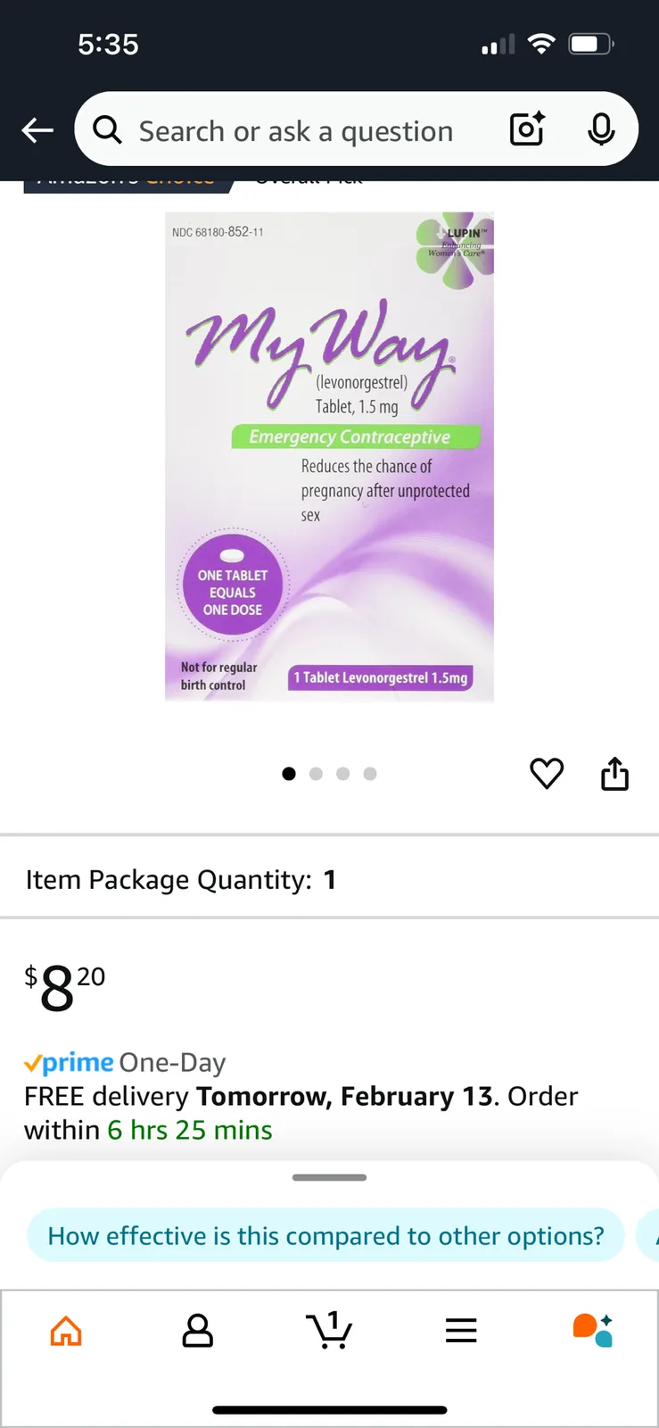 An Amazon product page for 'My Way' emergency contraceptive pills, priced at $8.20 with Prime One-Day delivery available…