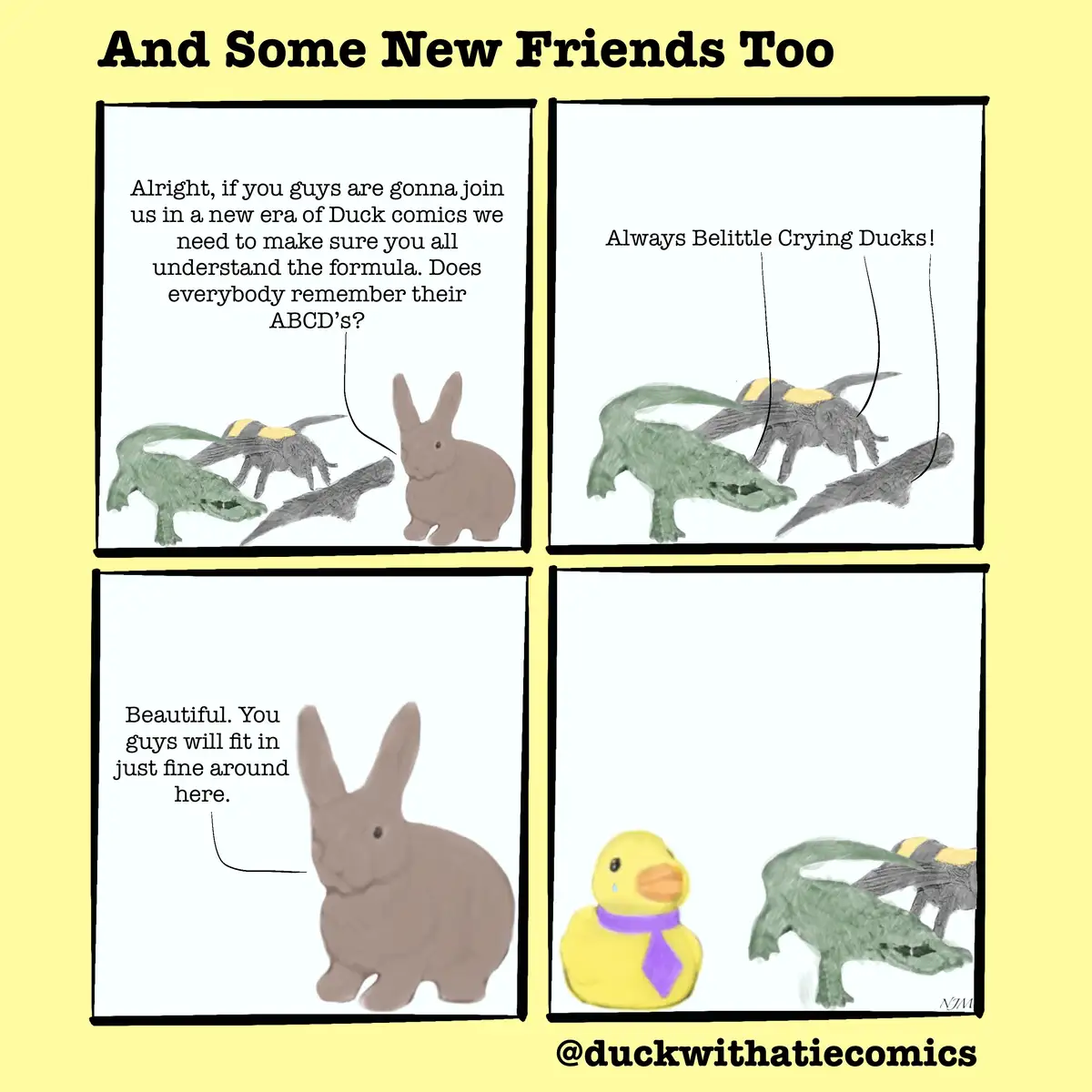 A four-panel comic strip with a yellow background and black borders. The first panel shows a brown rabbit addressing three…